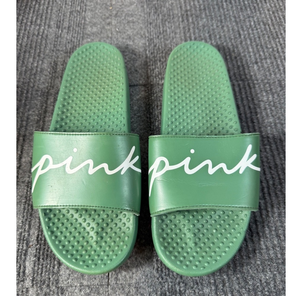 Victorias Secret PINK Women Slide Sandals Green Logo Script Comfort Shoes Large